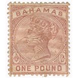 Bahamas – 1884-1890 £1 Venetian Red used, (SG 57) Cat. £225. (faults) toned gum on reverse.