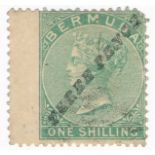 Bermuda – 1874 3d on 1s green U, wide perf on left side (SG 13), Cat. £850.