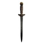 Interesting knife / dagger with handle grip decorated with Roman Centurion armour design, unmarked