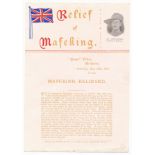 Relief of Mafeking news flyer produced by W & E Frost Bridport (16cm x 23cm) with Union Jack and Col