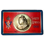 Boer War South Africa 1900 Christmas Gift Tin, with profile of Queen Victoria to the centre.