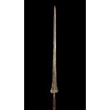 Very large iron Spear head Spear, wooden shaft with binding to upper and lower