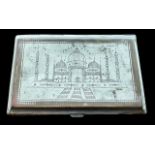 Indian white metal cigarette case stipple engraved with a map of India, verso the Taj Mahal. 13cm