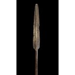 Small Assegai throwing spear, long leaf spear head, thin wooden shaft to spear, binding to upper