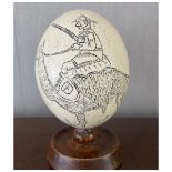 Boer War Trench Art, hand painted commemorative Ostrich egg painted with soldier riding an Ostrich