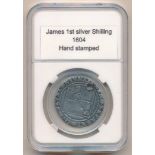 James I silver shilling, mintmark rose, fair, holed to 7 o'clock on obverse.