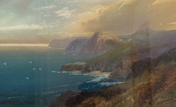 John Shapland (British, 1865-1929) – Coastal seascape scene with cliffsides and flying birds