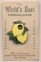 Robertson's Golden Shred enamel badge - lemon on card. Some light scratches to yellow enamel.