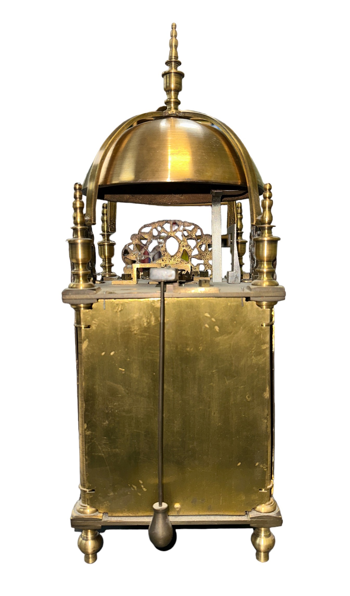 Brass Lantern Clock - D.F.R. Willis Shipston to clock face. Bellstrap supported on four urn - Image 3 of 3