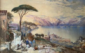 E. Day (19th Century) – Large watercolour on paper rural lake scene, likely Italian, with a domestic