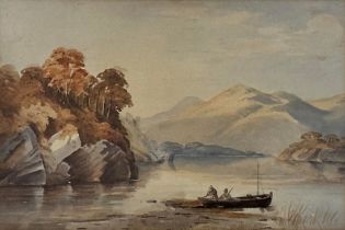 English School, Watercolour landscape featuring a fishing boat pulling into a lakes shore with