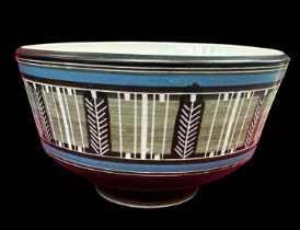 Ambleside Pottery bowl, mid blue with green brown patterned band featuring Fern motif, Ambleside