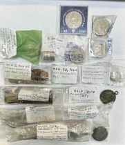 Collection of pre-decimal British coins, with shillings, threepences, pennies etc.