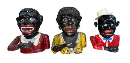 Black Americana antique cast money boxes with harder to find man with white hat and rare Dinah