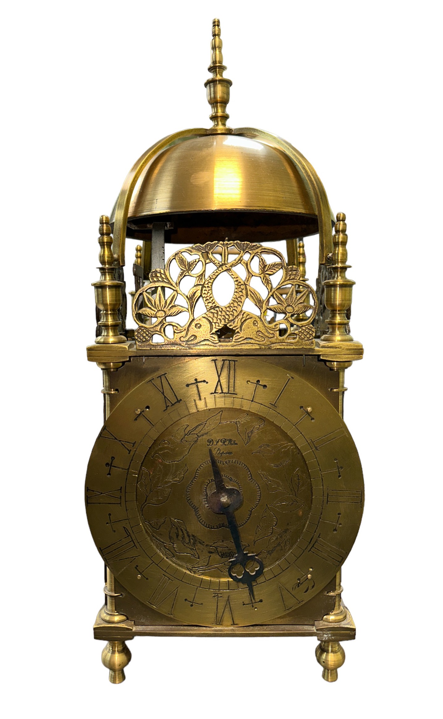 Brass Lantern Clock - D.F.R. Willis Shipston to clock face. Bellstrap supported on four urn