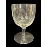 Royal Yacht Osborne, cut glass wine goblet with etched with Cypher and Prince of Wales feathers,