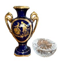 Limoges vase (14cm tall) with Edinburgh crystal paperweight.