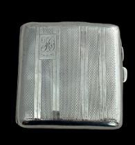 A square silver cigarette case, approx 8cm x 8cm. Birmingham hallmarks for Deykin & Harrison, 1929.