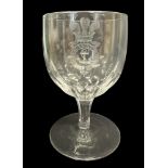 Royal Yacht Osborne, cut glass wine goblet with etched with Cypher and Prince of Wales feathers,