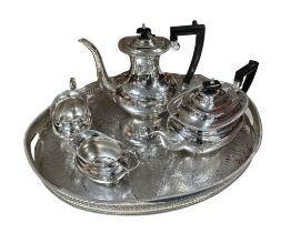 Silver plate Art Deco style four-piece tea and coffee service plus tray, generally excellent to good