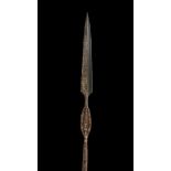 African, possibly Congolese, long double-sides spear, with long narrow iron Spear head with