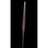 African long spear with iron long leaf spear head, wooden shaft with carved design to base,