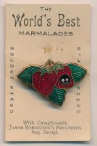 Robertson's pre-war Strawberry badge on card. Enamel and card in good condition.