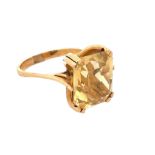 An octagonal cut citrine yellow metal ring, size N. Citrine dimensions 14mm x 12mm. Condition -
