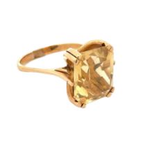 An octagonal cut citrine yellow metal ring, size N. Citrine dimensions 14mm x 12mm. Condition -