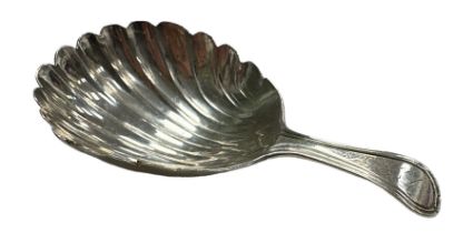 George III Silver caddy spoon, shell shaped bowl with curved handle with worn initials engraved to