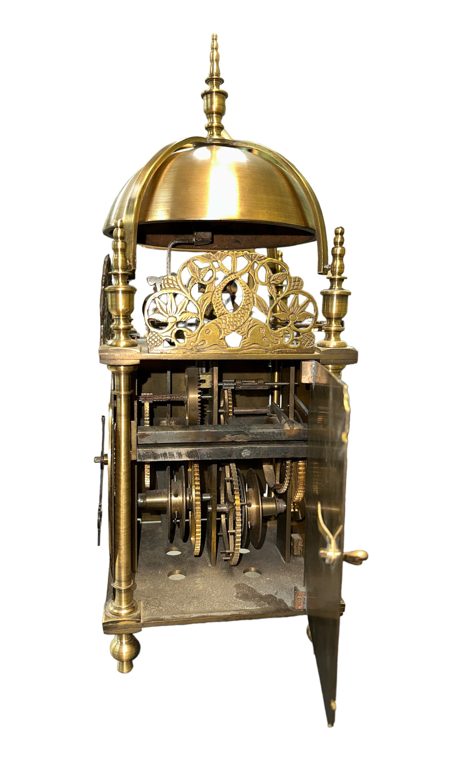 Brass Lantern Clock - D.F.R. Willis Shipston to clock face. Bellstrap supported on four urn - Image 2 of 3