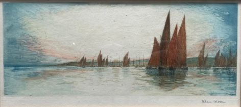 Alan Moore, Sailing Ships, aquatint colour etching of sailing ships at sea. Signed ‘Alan Moore’ in