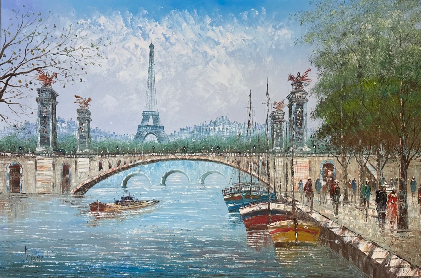 René Borivet (French), Oil on canvas painting of Paris from the River Seine, oil on canvas with
