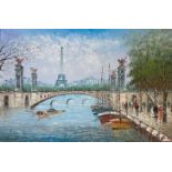 René Borivet (French), Oil on canvas painting of Paris from the River Seine, oil on canvas with