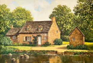 Nicholas Bradley-Carter (British, 20th Century) – Large Oil on board painting of a riverside house