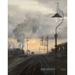 Wrenford Thatcher (British, b. 1944) – Oil on canvas atmospheric painting of a steam train leaving a