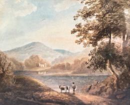 English School, Watercolour landscape featuring a rural farmer walking his cows stood before a