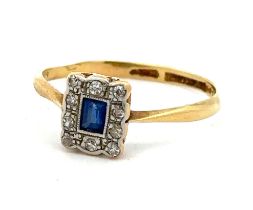 An Art Deco sapphire and diamond ring stamped 18ct and platinum, size Q. Weight 2.05g. Please see