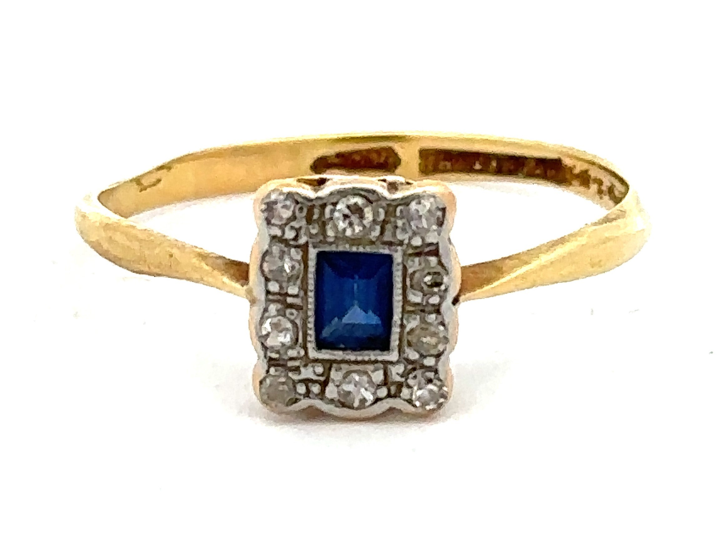 An Art Deco sapphire and diamond ring stamped 18ct and platinum, size Q. Weight 2.05g. Please see - Image 2 of 5