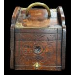 Wooden coal scuttle, opening front flap, removable metal liner, brass handle and fittings, approx.