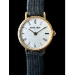 A Bueche Girod Swiss-made 9ct gold ladies wristwatch, white dial with Roman numerals and black strap