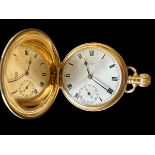 18ct gold pocket watch by Astral of Coventry. White enamel dial with Roman numeral hour markers