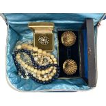 A small collection of items including a lapis bead necklace, silver and paste earrings, boxed twin