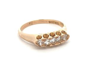 A paste five stone ring, size L, stamped 14K. Weight 2.88g. Paste stone with small chips and wear.