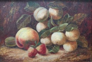 Oliver Clare (British, 1853-1927), Still life of Peaches and Strawberries, oil on canvas painting in