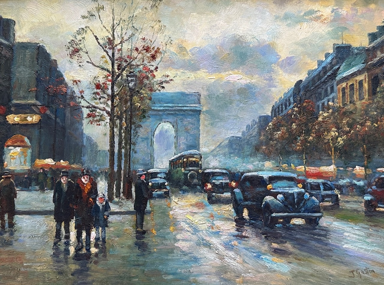 Johnny Gaston (British, b. 1955), Champs Elysee Street scene Paris, oil on board painting of a