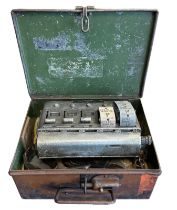 Automaticket Ltd London bus ticket machine, housed in tin with partially attached leather strap. ‘