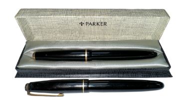 Pair of fountain pens with 14k gold nibs with boxed Parker and unboxed Summit.