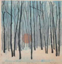 Judy Massingham (British, contemporary), ‘Winter Morning’, colour woodcut print on paper,
