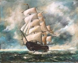 John J Holmes (British, 1937-2015) – Oil on canvas painting of a large sailing ship on stormy